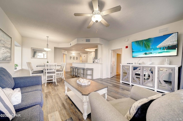 living room with hardwood / wood-style flooring and ceiling fan