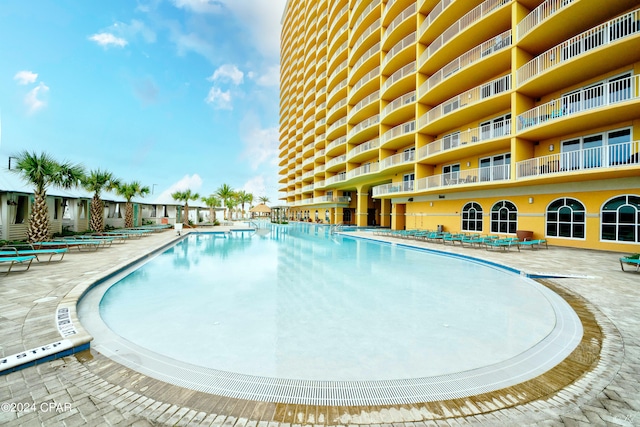 view of swimming pool with a patio area