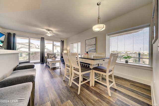 dining area with ceiling fan and dark wood-type flooring