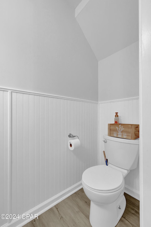 bathroom featuring toilet, vaulted ceiling, and wood-type flooring