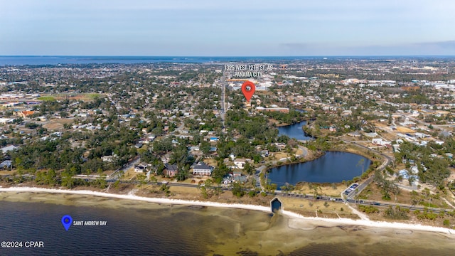 drone / aerial view with a water view