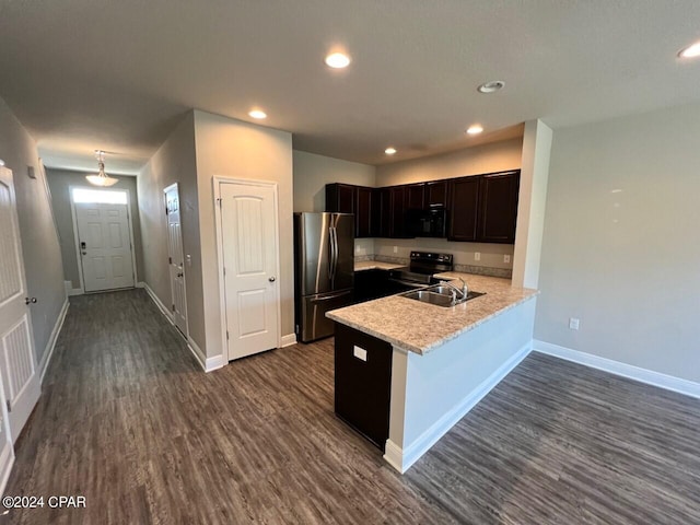 kitchen with kitchen peninsula, sink, dark brown cabinets, dark wood-type flooring, and black appliances