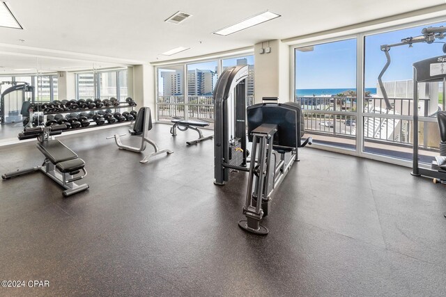 workout area featuring a high ceiling