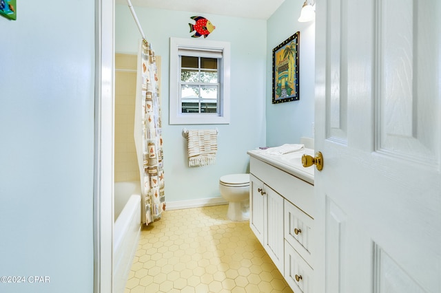 full bathroom with vanity, toilet, and shower / bath combination with curtain