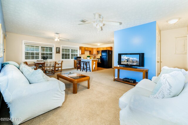 carpeted living room featuring ceiling fan and a textured ceiling