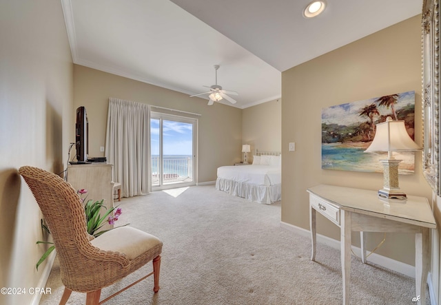 bedroom with ornamental molding, access to exterior, carpet, and baseboards