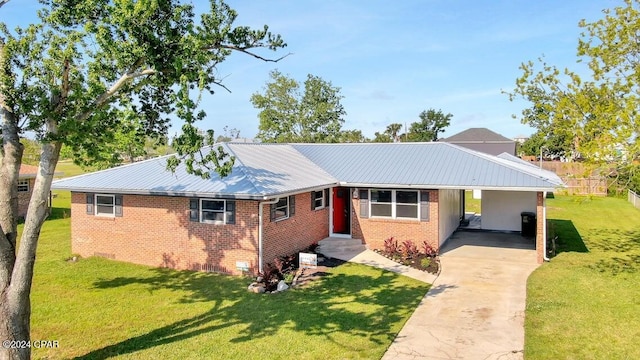 ranch-style house with a front lawn and a carport