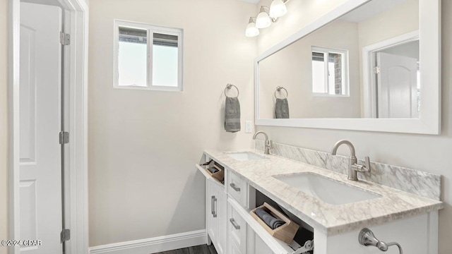 bathroom with vanity, hardwood / wood-style floors, and a healthy amount of sunlight