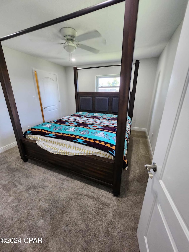 bedroom with ceiling fan and carpet flooring