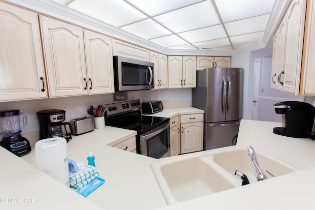 kitchen with a paneled ceiling, stainless steel appliances, and sink