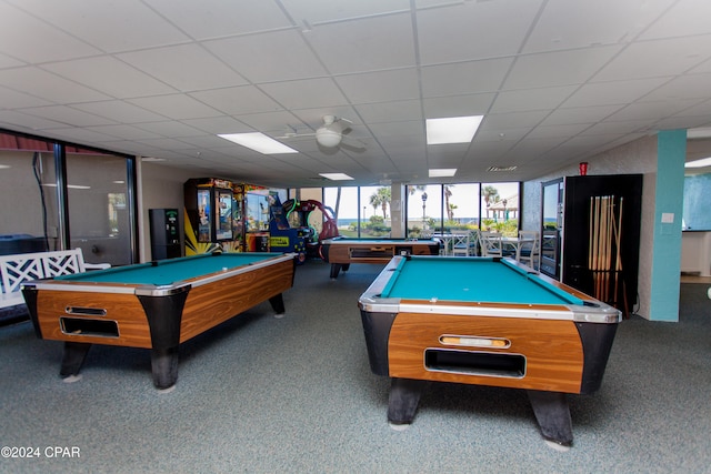 playroom featuring ceiling fan, a paneled ceiling, carpet floors, and billiards