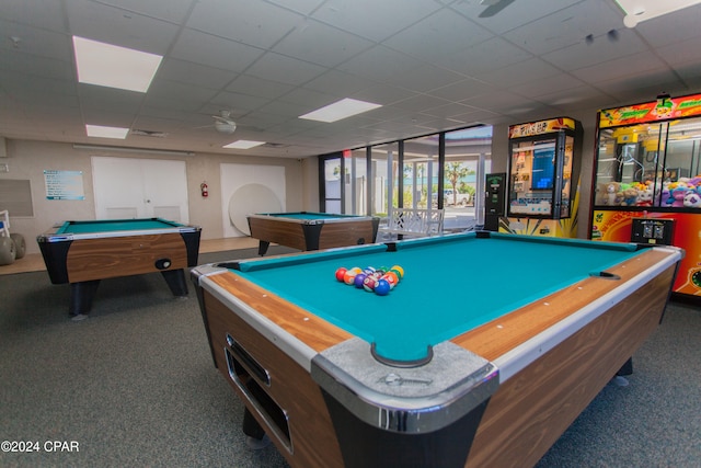 rec room with a drop ceiling, billiards, and dark carpet