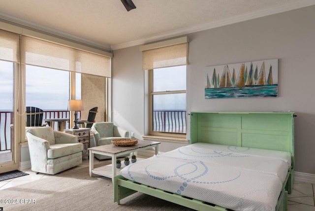 bedroom with ceiling fan and crown molding