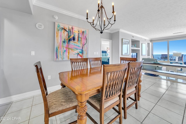 dining area featuring a notable chandelier, light tile flooring, a textured ceiling, and crown molding