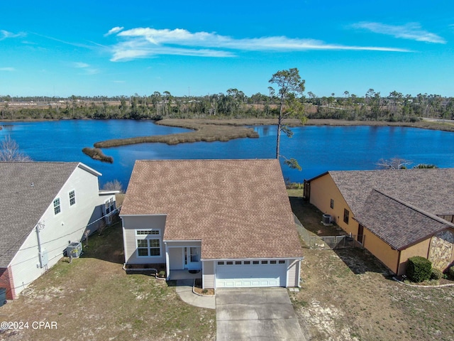 aerial view featuring a water view