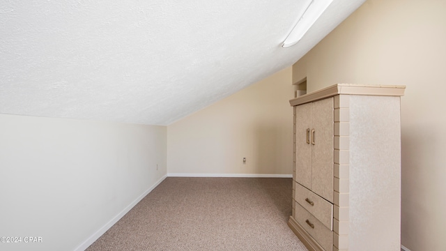 additional living space featuring lofted ceiling, carpet flooring, and a textured ceiling