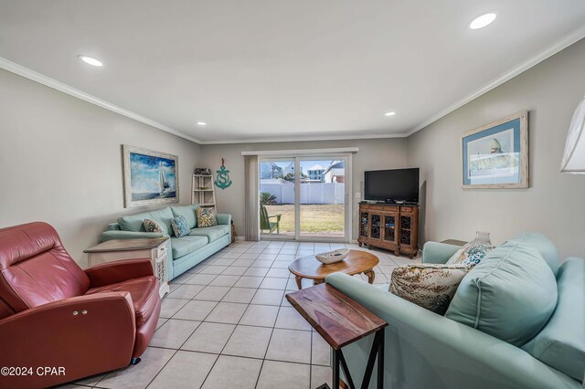 tiled living room featuring crown molding