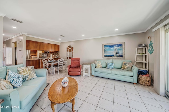 tiled living room with crown molding