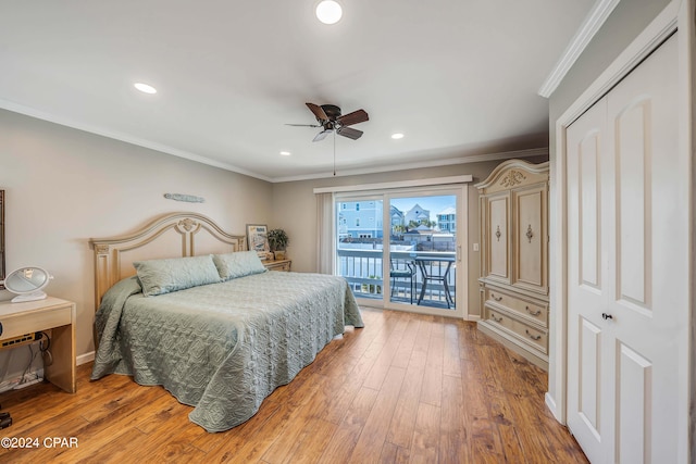 bedroom with access to outside, ceiling fan, light hardwood / wood-style flooring, a closet, and crown molding