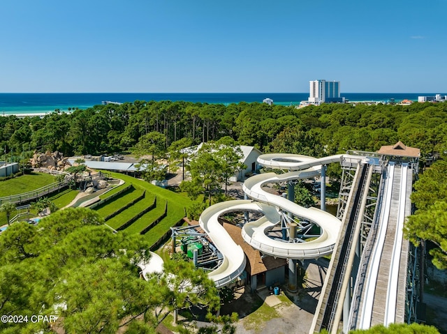 bird's eye view with a water view