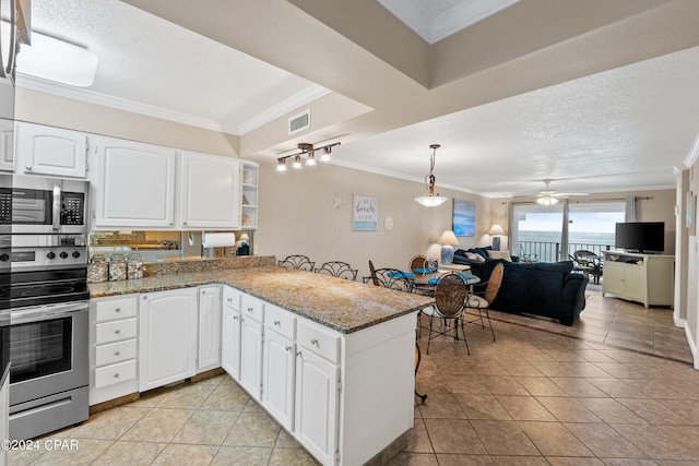 kitchen featuring white cabinetry, ceiling fan, stone countertops, stainless steel appliances, and ornamental molding