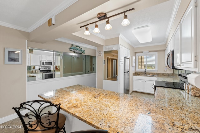 kitchen featuring kitchen peninsula, crown molding, rail lighting, stainless steel appliances, and white cabinetry