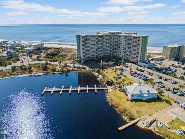 drone / aerial view with a water view