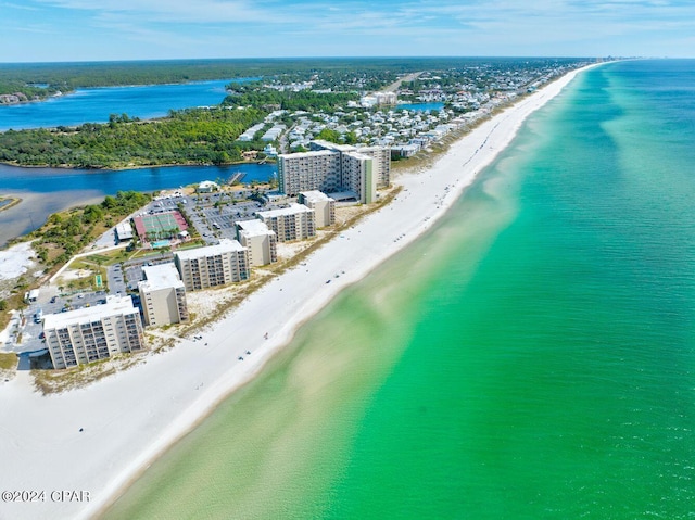 aerial view featuring a water view and a view of the beach