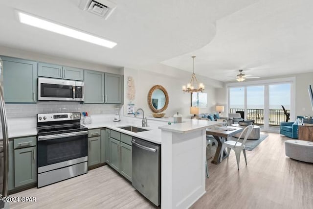 kitchen with a peninsula, a sink, open floor plan, light countertops, and appliances with stainless steel finishes