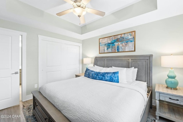 bedroom with baseboards, a raised ceiling, ceiling fan, wood finished floors, and a closet