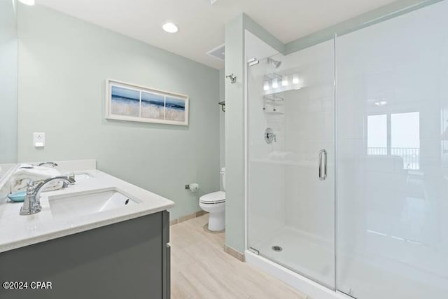 full bathroom featuring toilet, wood finished floors, a sink, a shower stall, and double vanity