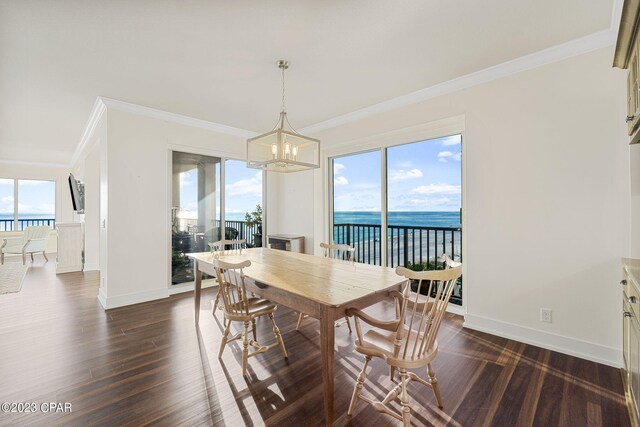 dining room featuring crown molding, dark wood-type flooring, a water view, and a healthy amount of sunlight