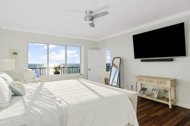 bedroom with ceiling fan, access to outside, crown molding, and dark wood-type flooring