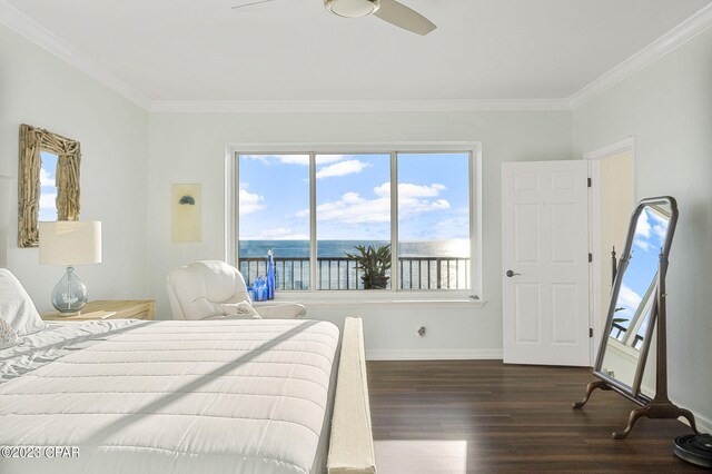 bedroom with ceiling fan, a water view, ornamental molding, and wood-type flooring