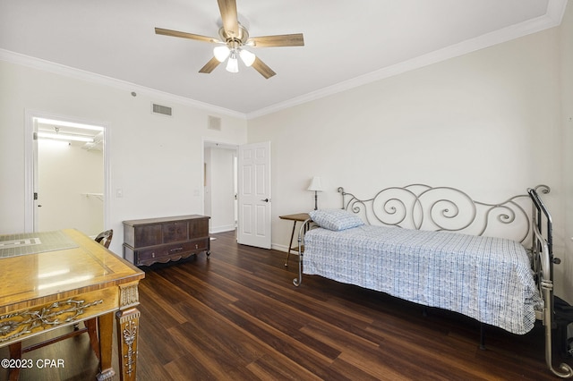 bedroom with ceiling fan, hardwood / wood-style floors, and ornamental molding