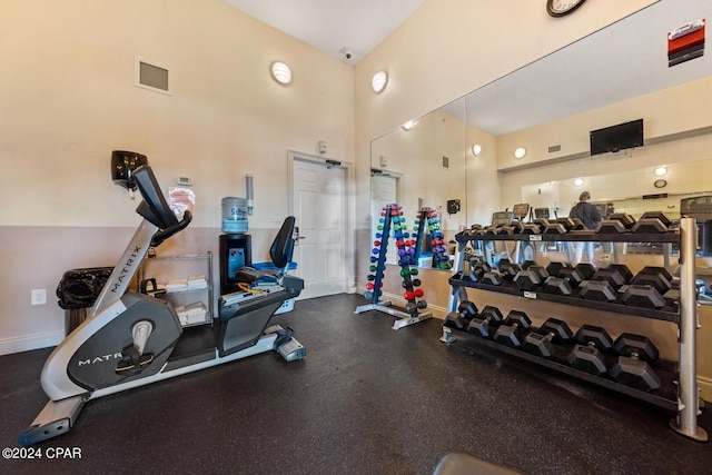 workout area with a high ceiling