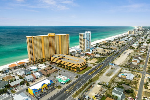 drone / aerial view with a water view and a view of the beach