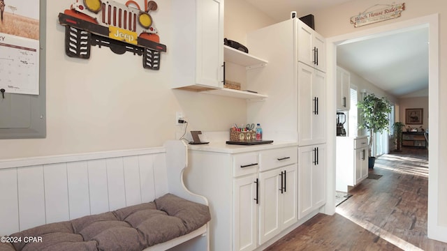 kitchen featuring white cabinetry, vaulted ceiling, and dark wood-type flooring