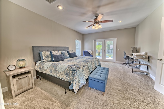 carpeted bedroom with access to exterior, ceiling fan, baseboards, and french doors