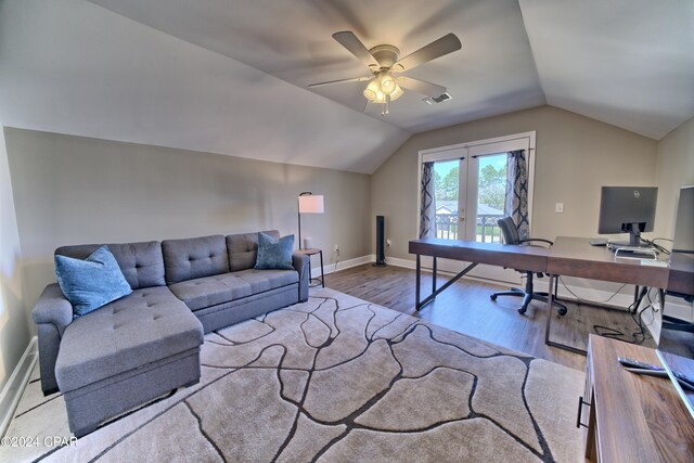 office area with lofted ceiling, french doors, wood-type flooring, and ceiling fan