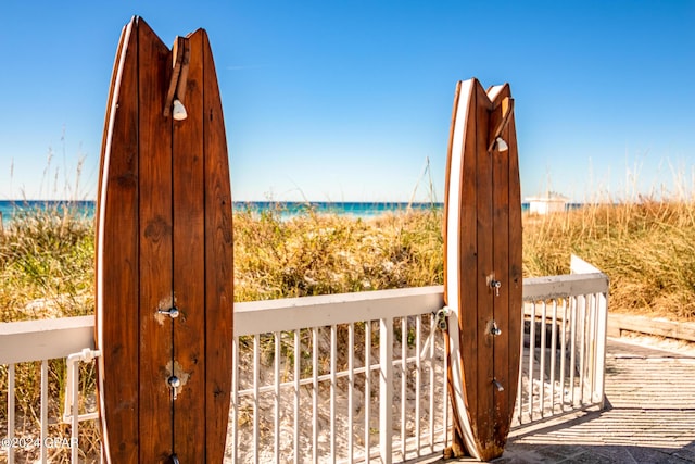 exterior space featuring a beach view