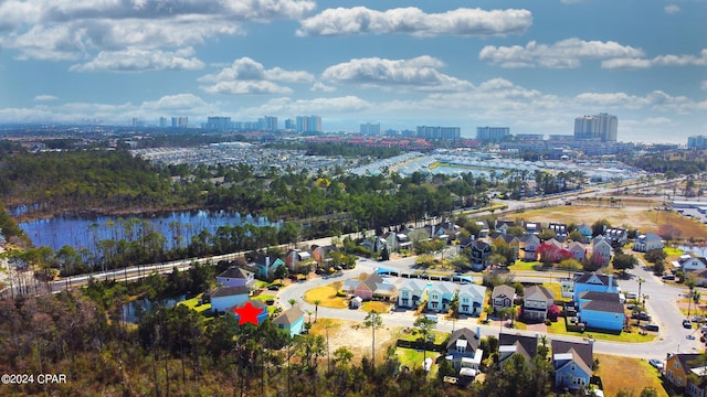 drone / aerial view featuring a water view