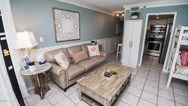 tiled living room with ornamental molding