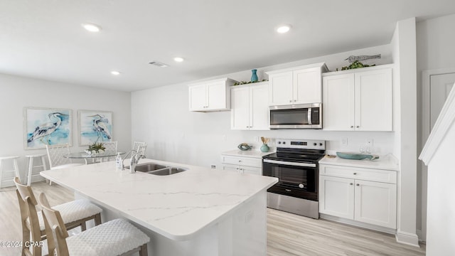 kitchen with a center island with sink, sink, a breakfast bar area, white cabinetry, and stainless steel appliances