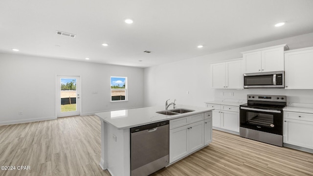 kitchen featuring a center island with sink, visible vents, a sink, appliances with stainless steel finishes, and light wood-type flooring