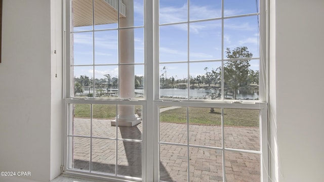 interior details with a water view