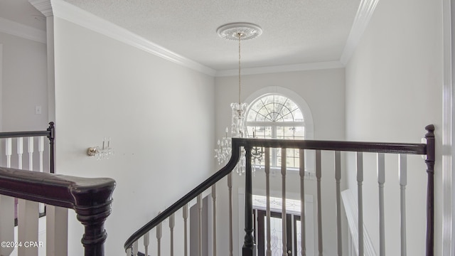 stairway featuring an inviting chandelier, crown molding, and a textured ceiling