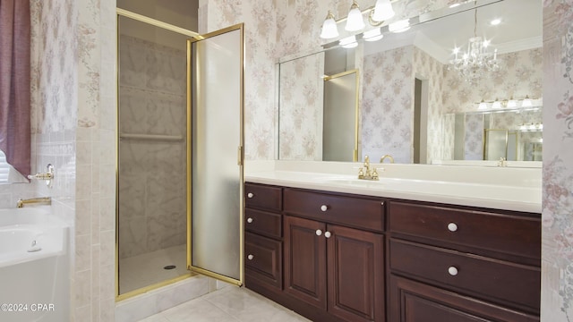 bathroom featuring a stall shower, a garden tub, and wallpapered walls