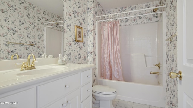 bathroom featuring toilet, shower / bath combo with shower curtain, vanity, tile patterned flooring, and wallpapered walls