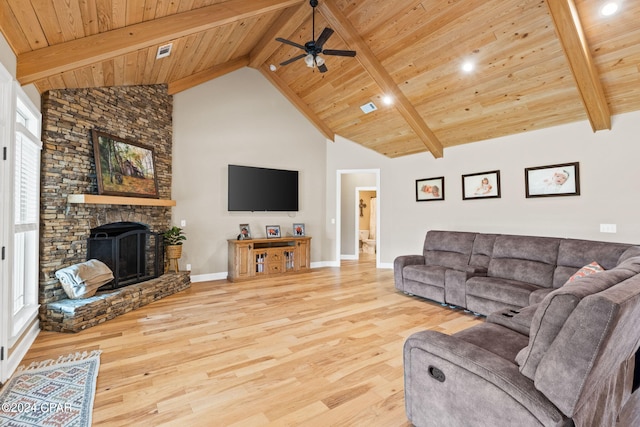 living room featuring beamed ceiling, high vaulted ceiling, light hardwood / wood-style floors, and a stone fireplace